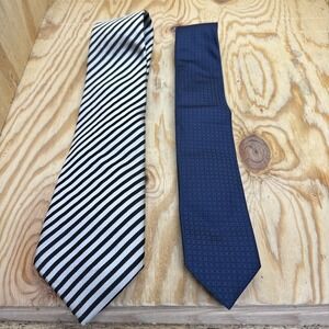 Hugo Boss Silk Tie Lot of 2 Blue Solid & Gray Stripe Classic‎ Business Style